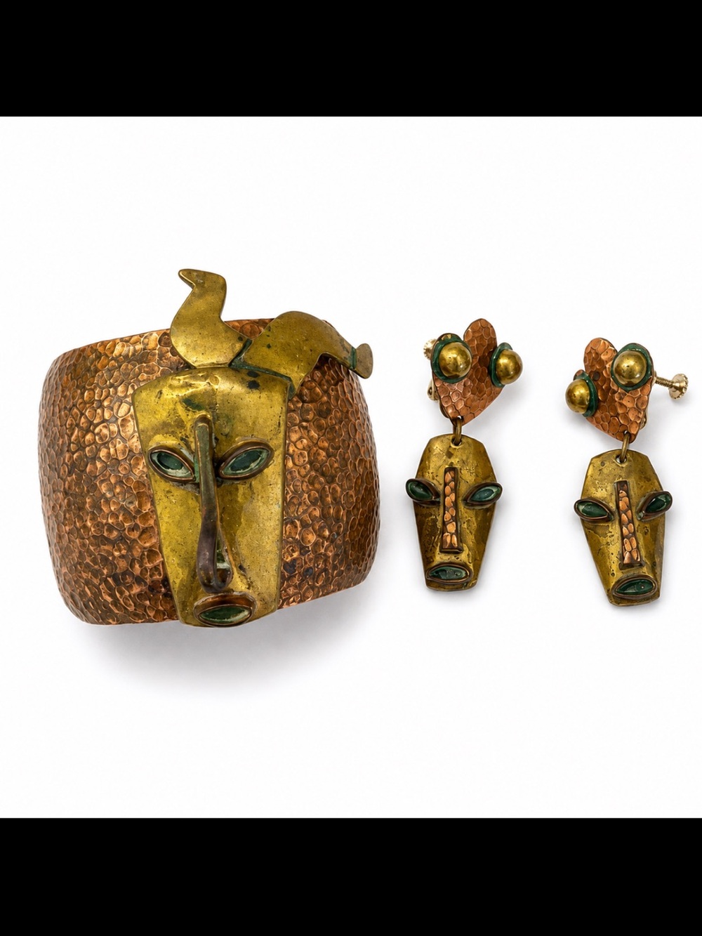 Vtg Casa Maya Mexico Mask Cuff Bracelet and Screw Back Earrings Set ML-700